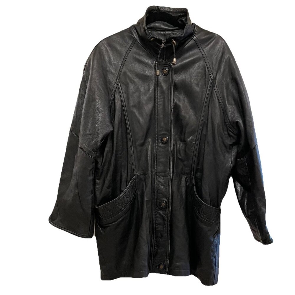 VTG Womens Black Soft Leather Oversized Y2K Mid Length Jacket Sz 36